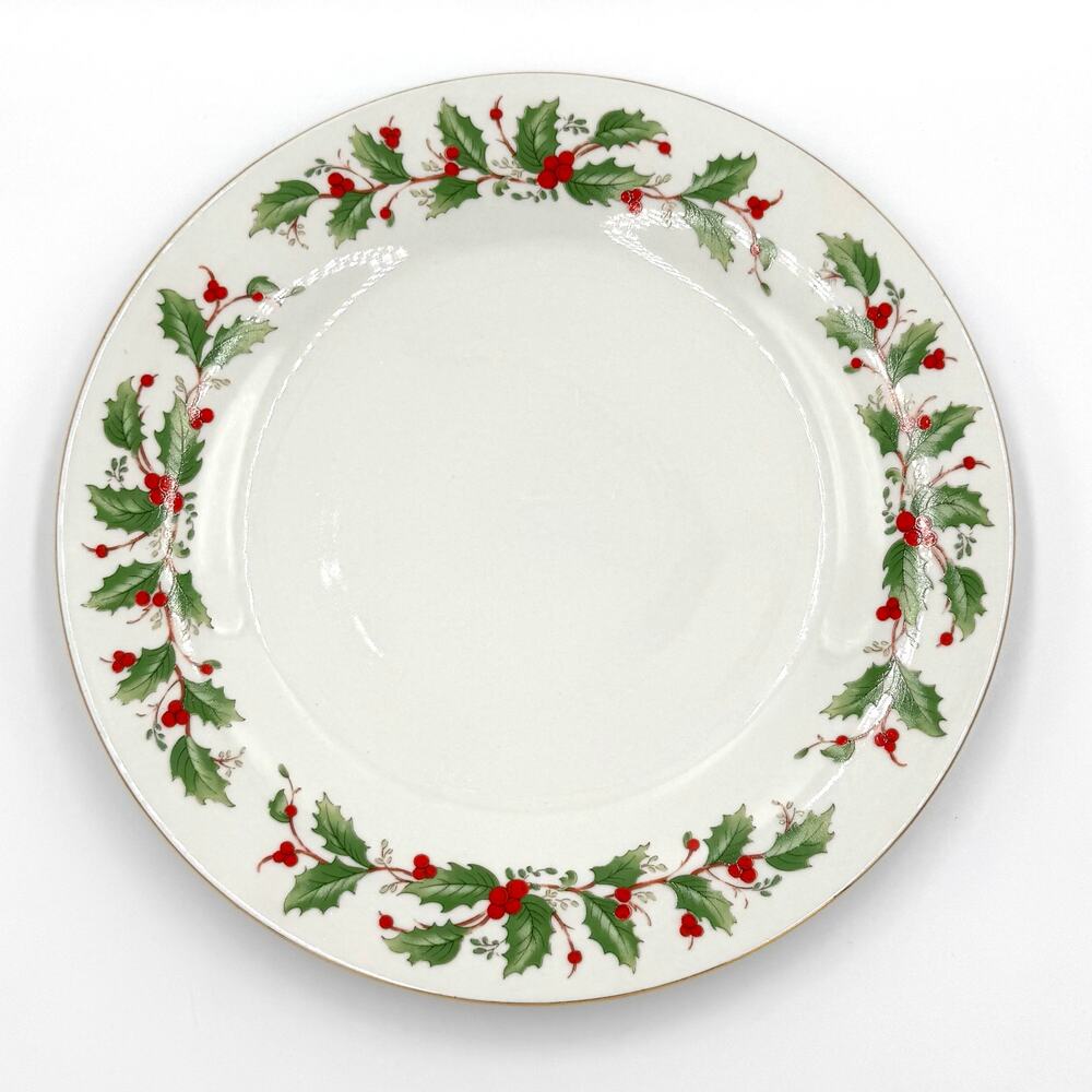 Vintage China Pearl Noel Dinner Plate Holly Berries Gold Trim Christmas 10 3/4" - Picture 2 of 7